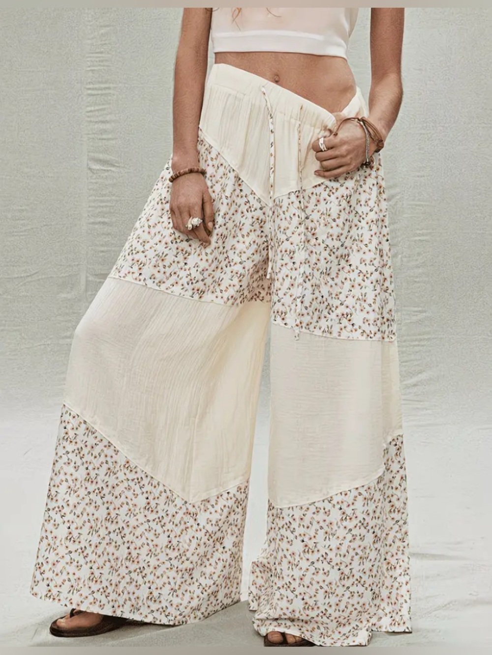 Floral & Cream Patchwork Wide-Leg Palazzo Pants